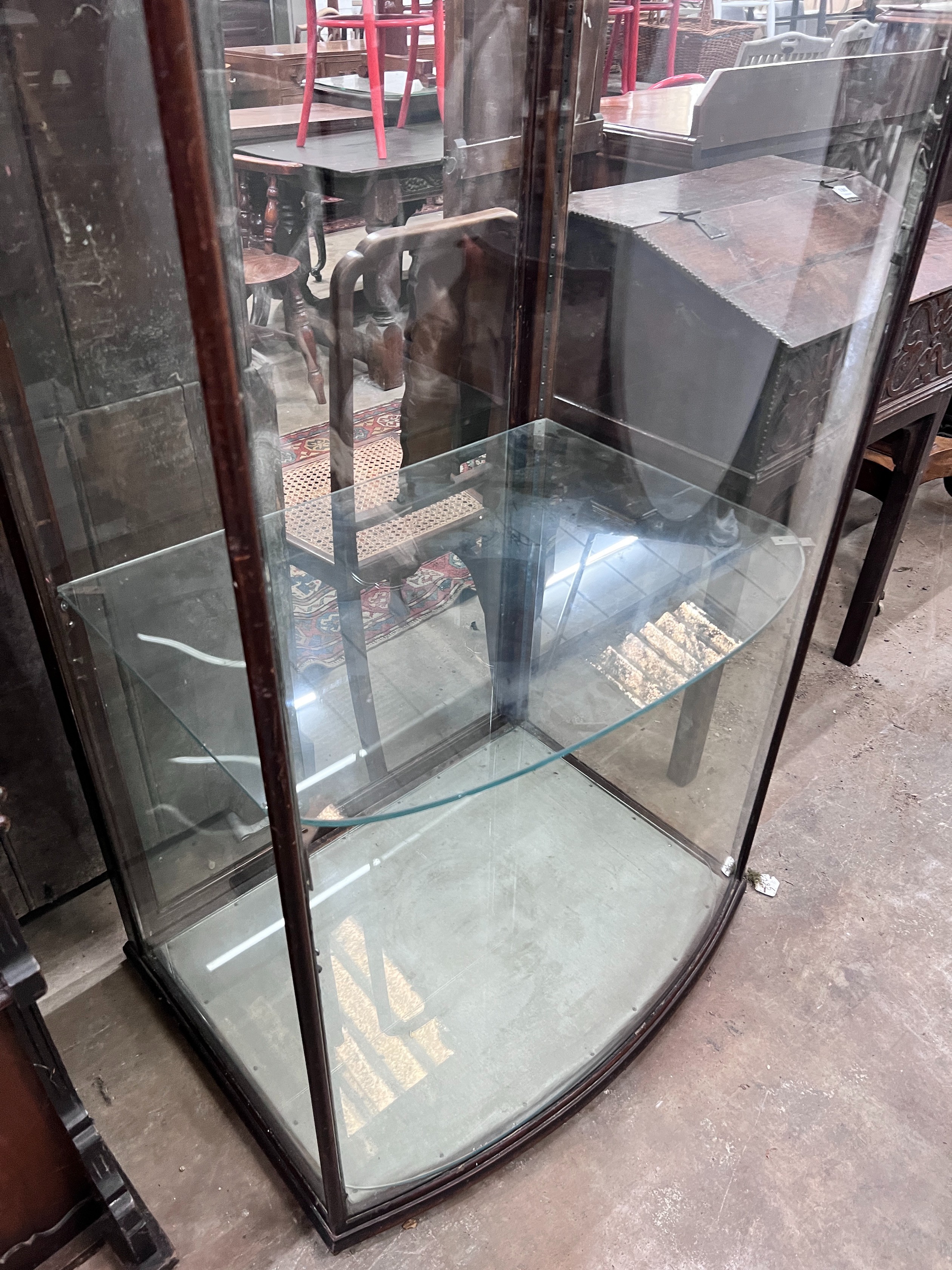 A late Victorian mahogany bowfront shop display cabinet, width 84cm, depth 58cm, height 196cm *Please note the sale commences at 9am.
